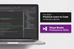 coding language on laptop with Microsoft Visual Studio logo