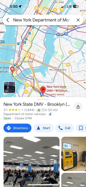 Google Maps search result of the New York DMV