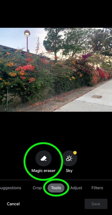 A screenshot of the Google Photos app with the "Tools" and "Magic Eraser" buttons circled in green.