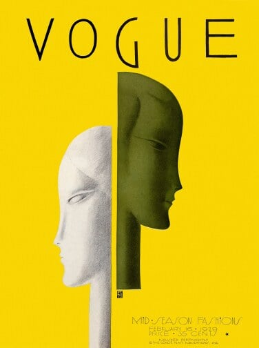 A yellow Vogue cover featuring an illustration of two faces.