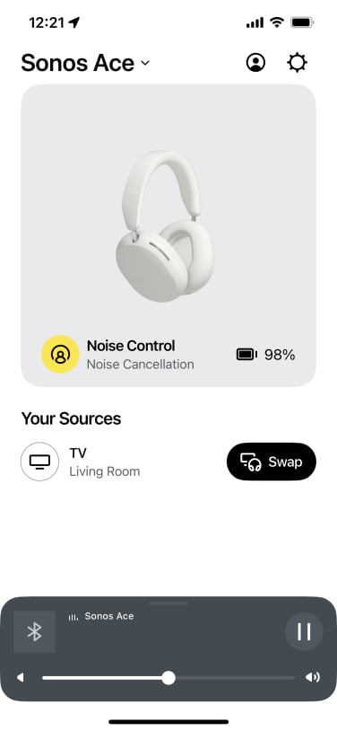 screenshot of sonos app showing headphones battery life, noise cancellation, and tv swap button