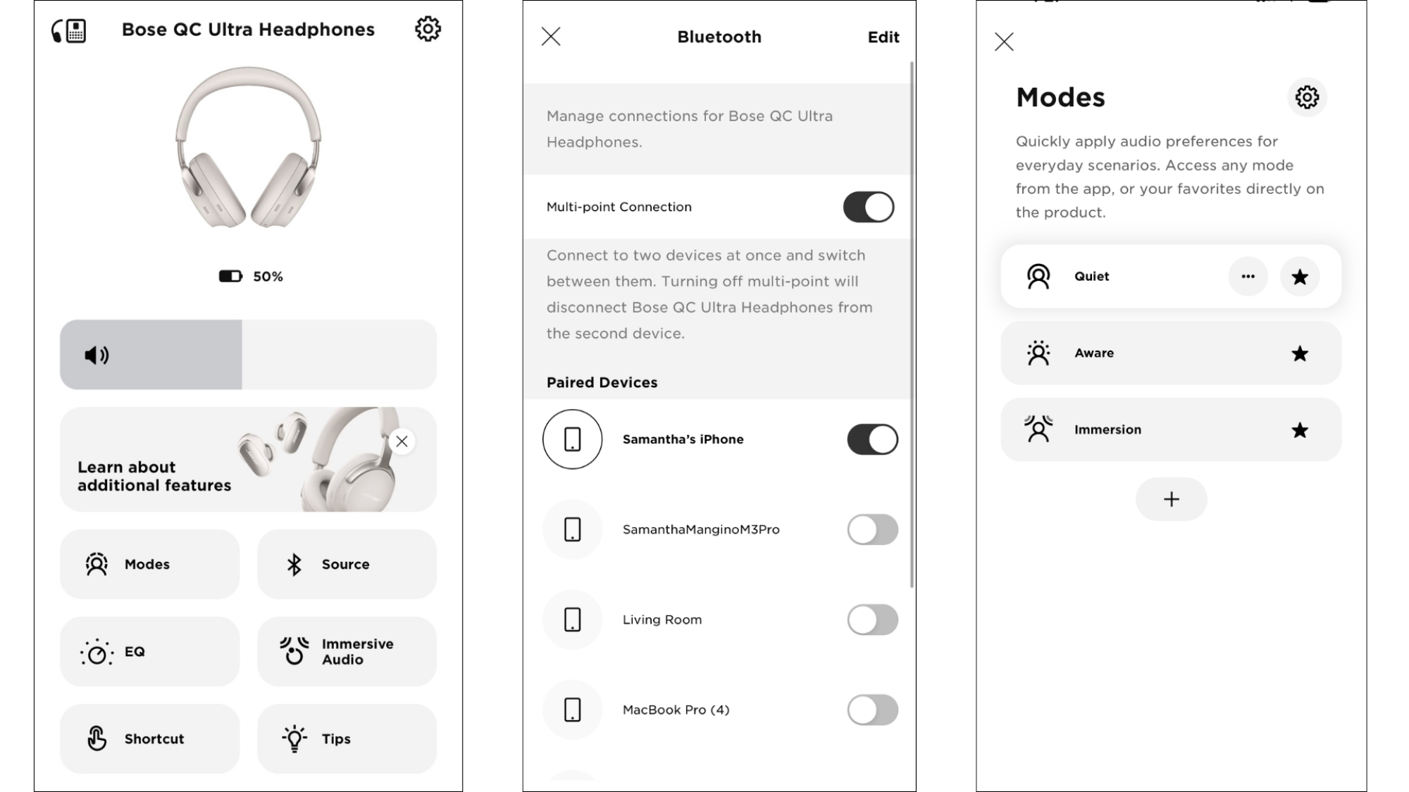 Screenshots showing the headphone controls in the Bose app