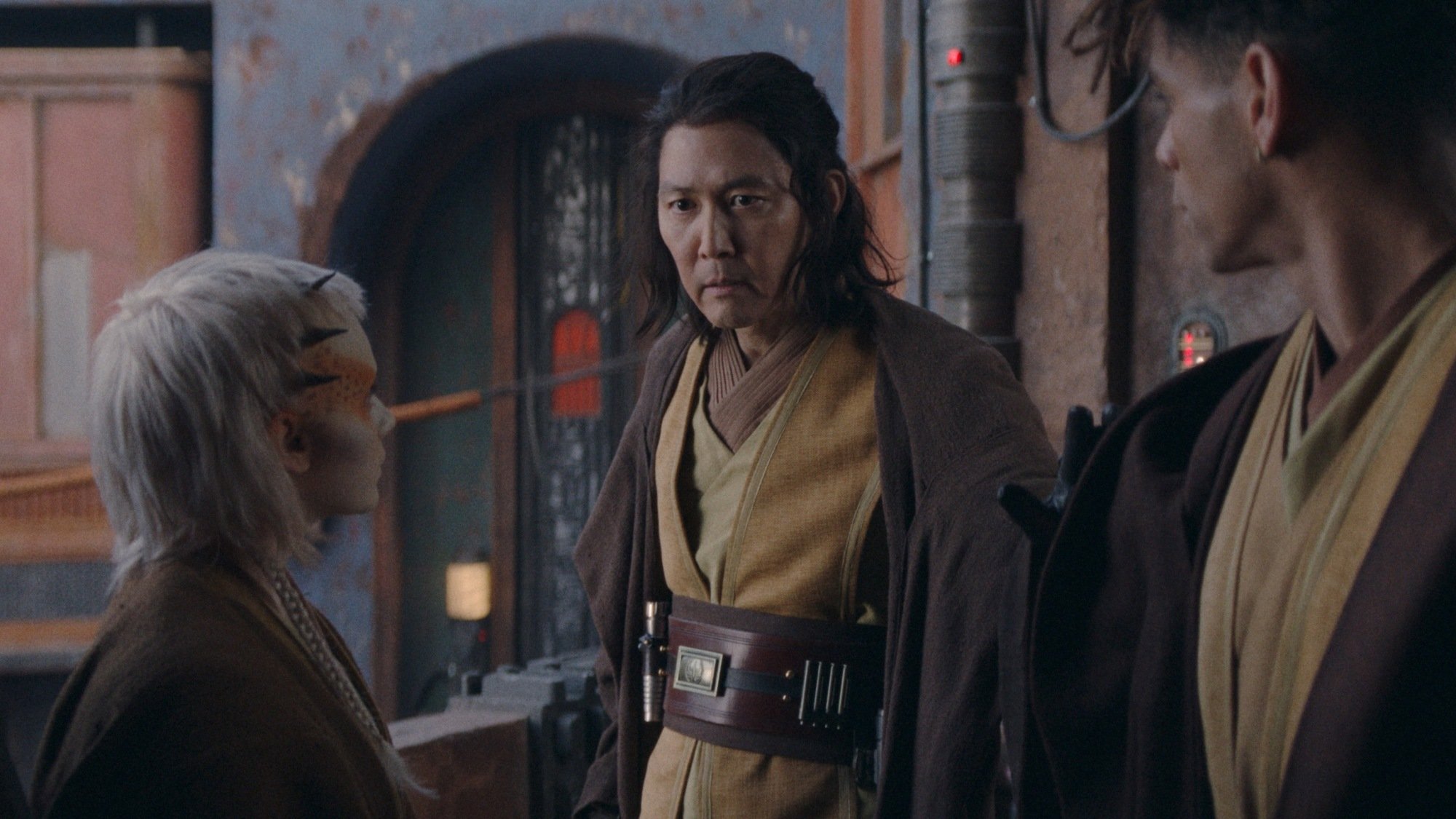 Olega Padawan (Ed Kear), Jedi Padawan Jecki Lon (Dafne Keen), Master Sol (Lee Jung-jae) and Yord Fandar (Charlie Barnett) in Lucasfilm's THE ACOLYTE, season one, exclusively on Disney+.