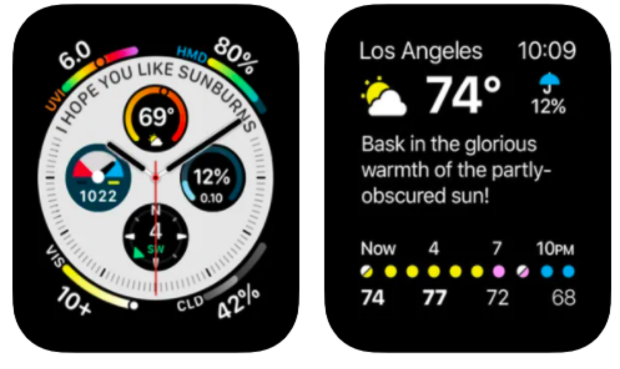 Apple Watch screen capture of a watch face with temperature, humidity, and time info. Second screen shows a snarky message relaying the weather. 