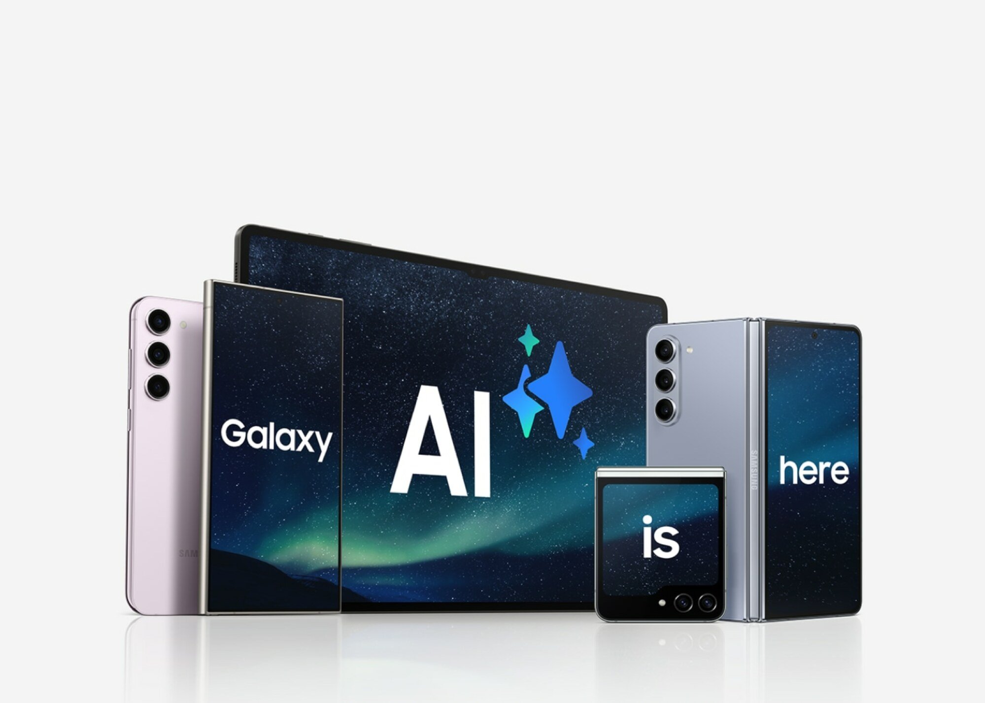 A promotional image featuring several Samsung AI-enabled devices