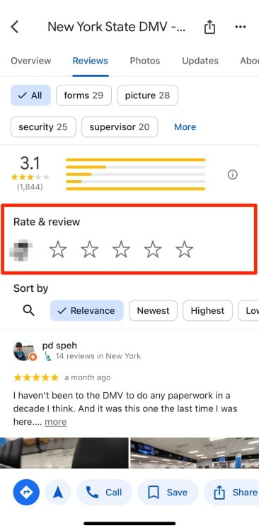 Google Maps reviews section of the DMV profile page