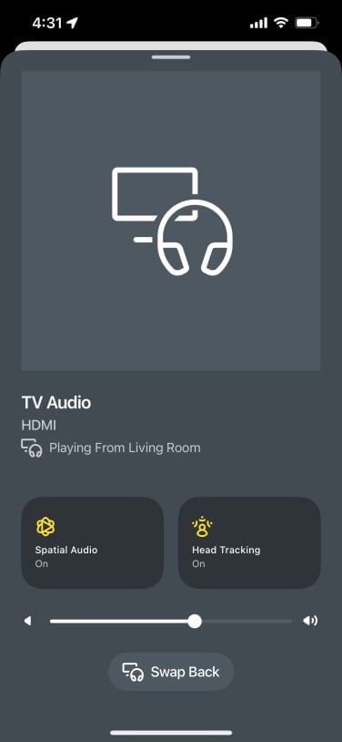 app screen showing spatial audio and head tracking features turned on