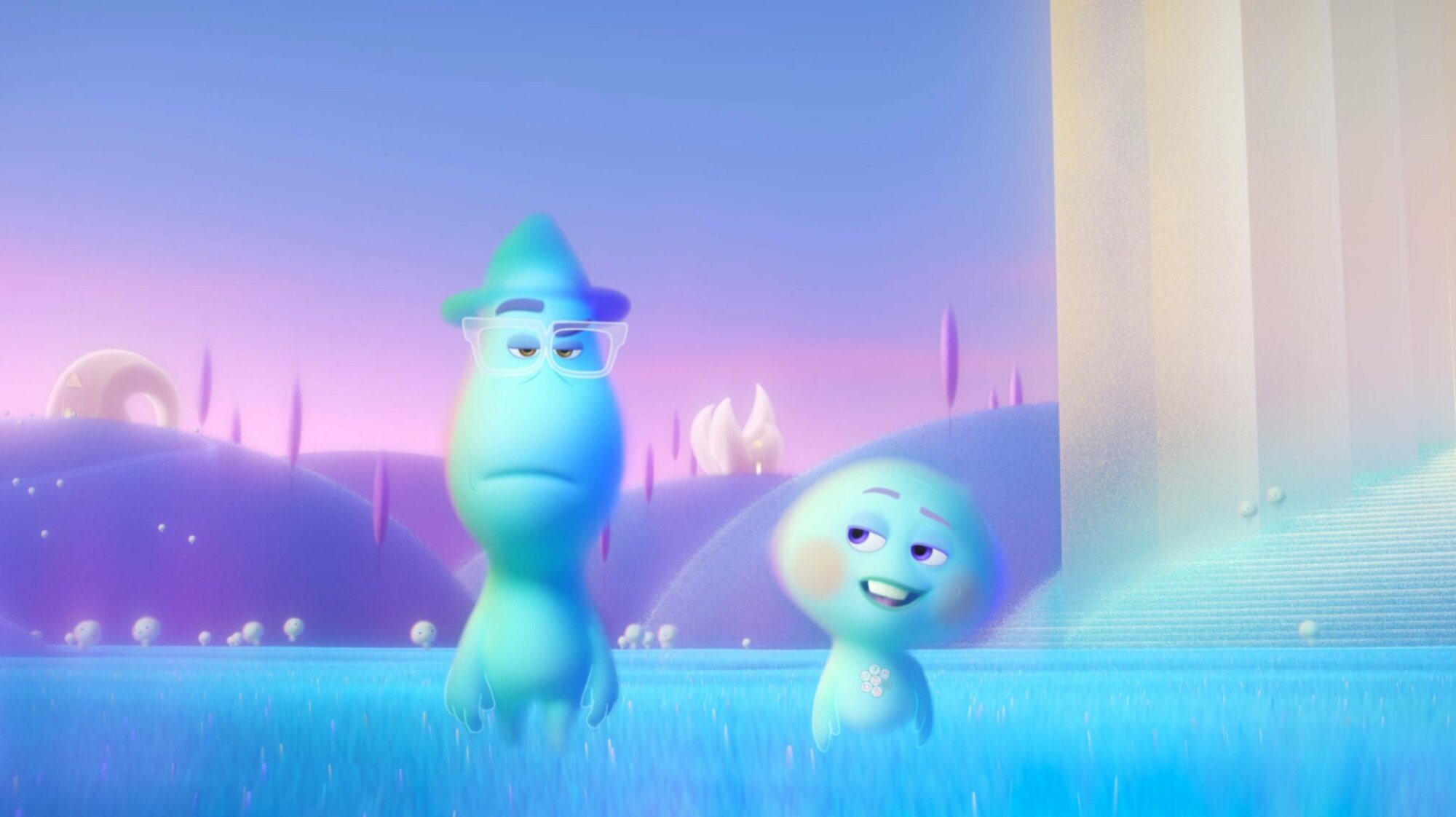 Animated still of two blue "souls" — roundly animated human shapes set against a purple and pink hilly background representing the afterlife. 