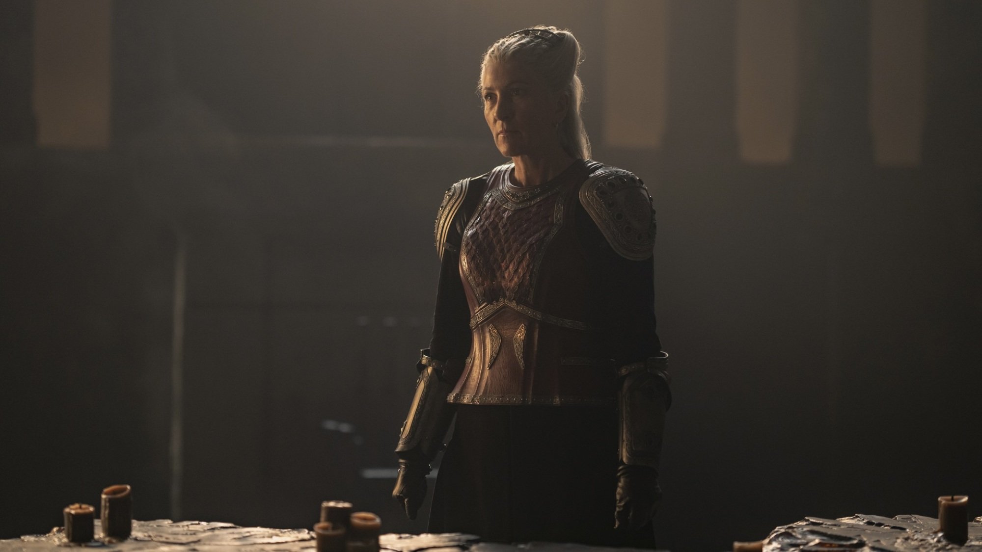 Rhaenys from "House of the Dragon" in her dragonrider armor.