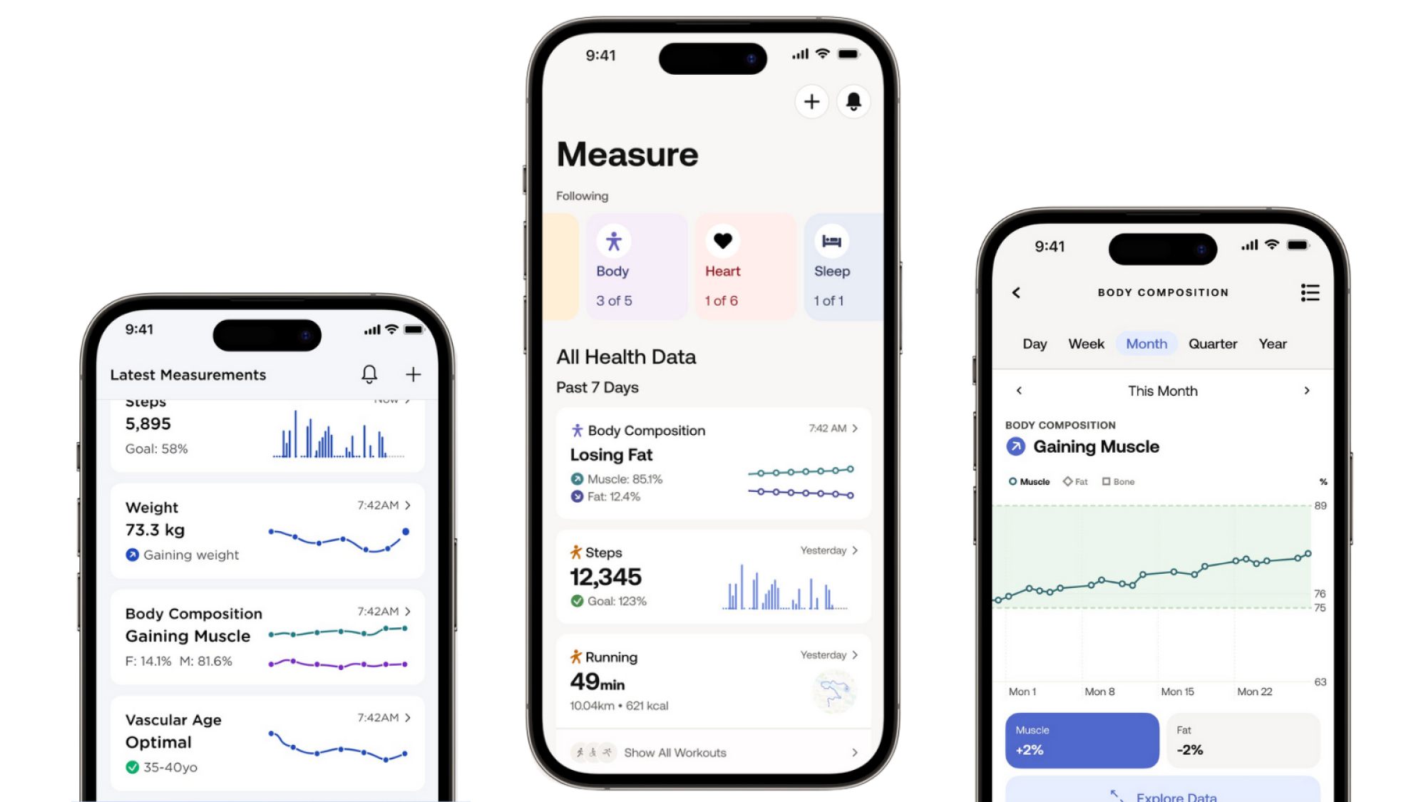 Three smartphones displaying the Withings app. The app shows a person's weight and body composition, as well as how they are trending.