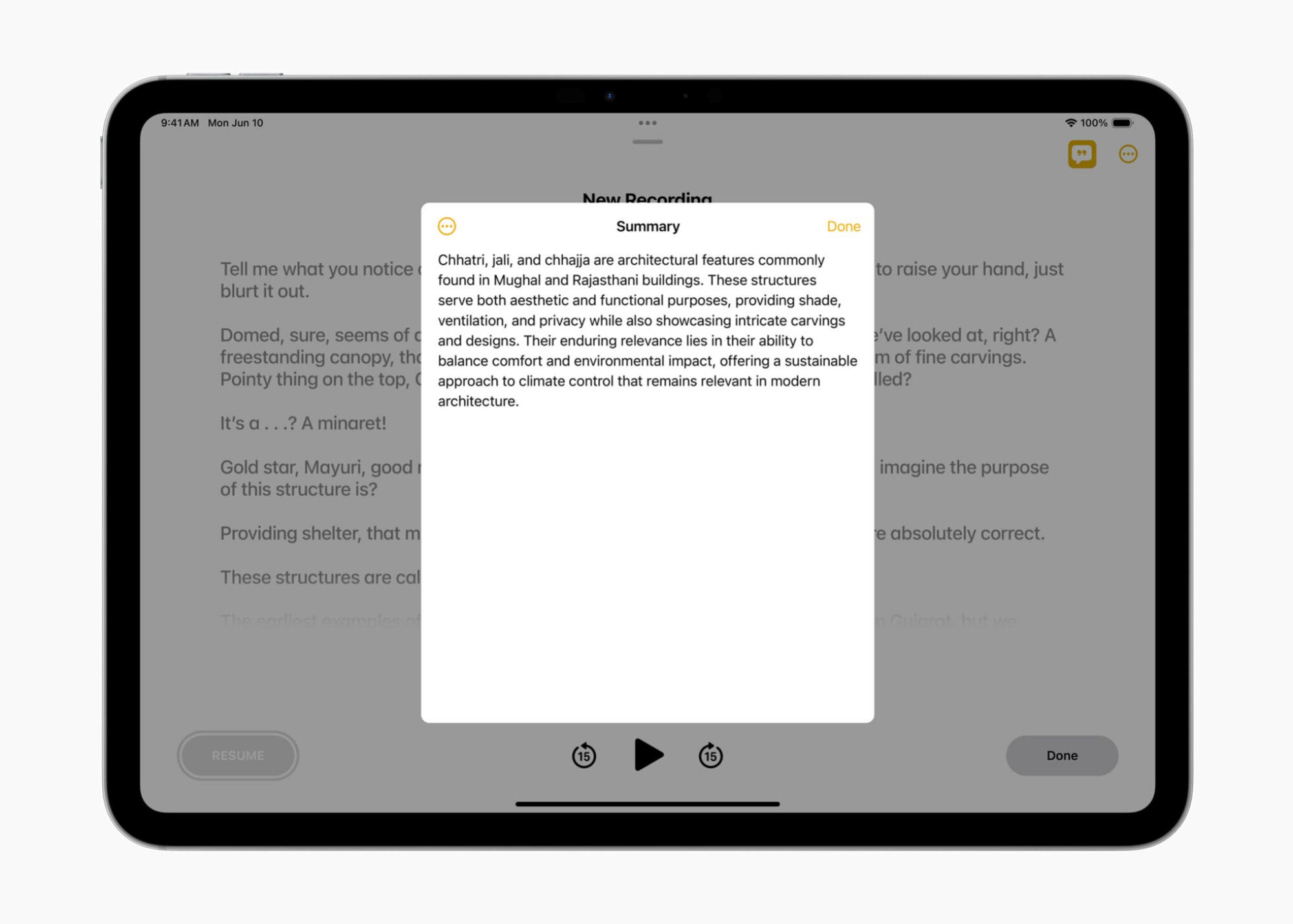 Audio transcription on iPad screen