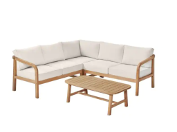 An outdoor sectional in eucalyptus wood and beige cushions