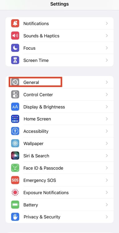 Settings landing page with "General" circled