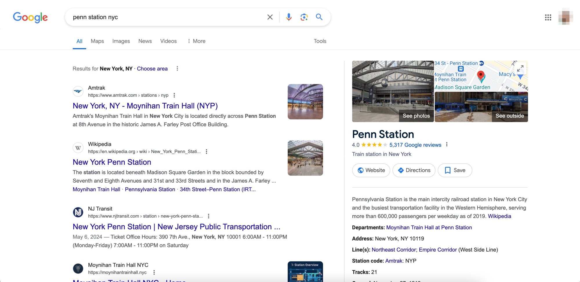 Google search results for Penn Station NYC