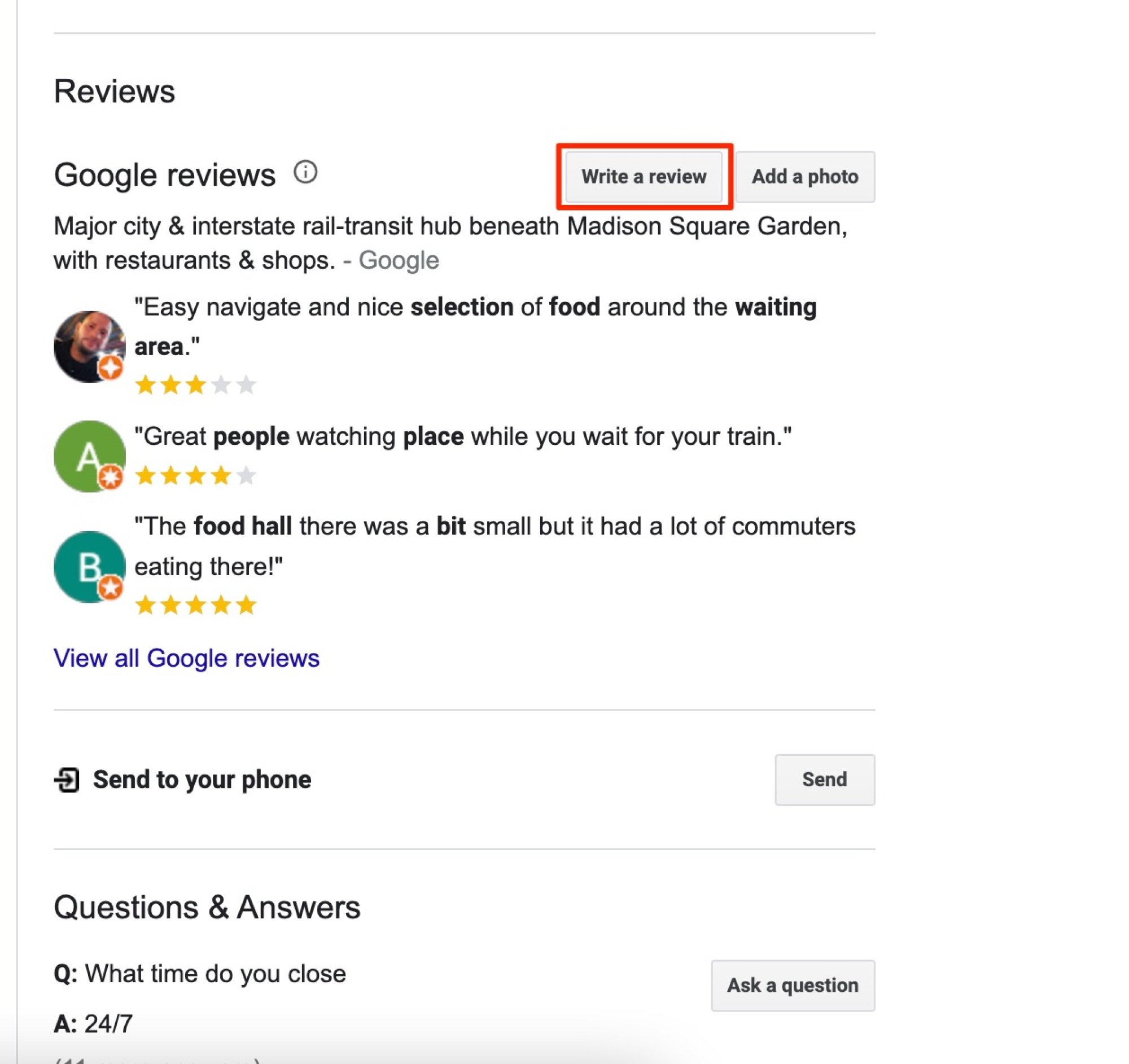 Google reviews section of Penn Station with the Write a review button circled in red