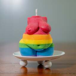 A rainbow candle in the shape of a curvy body