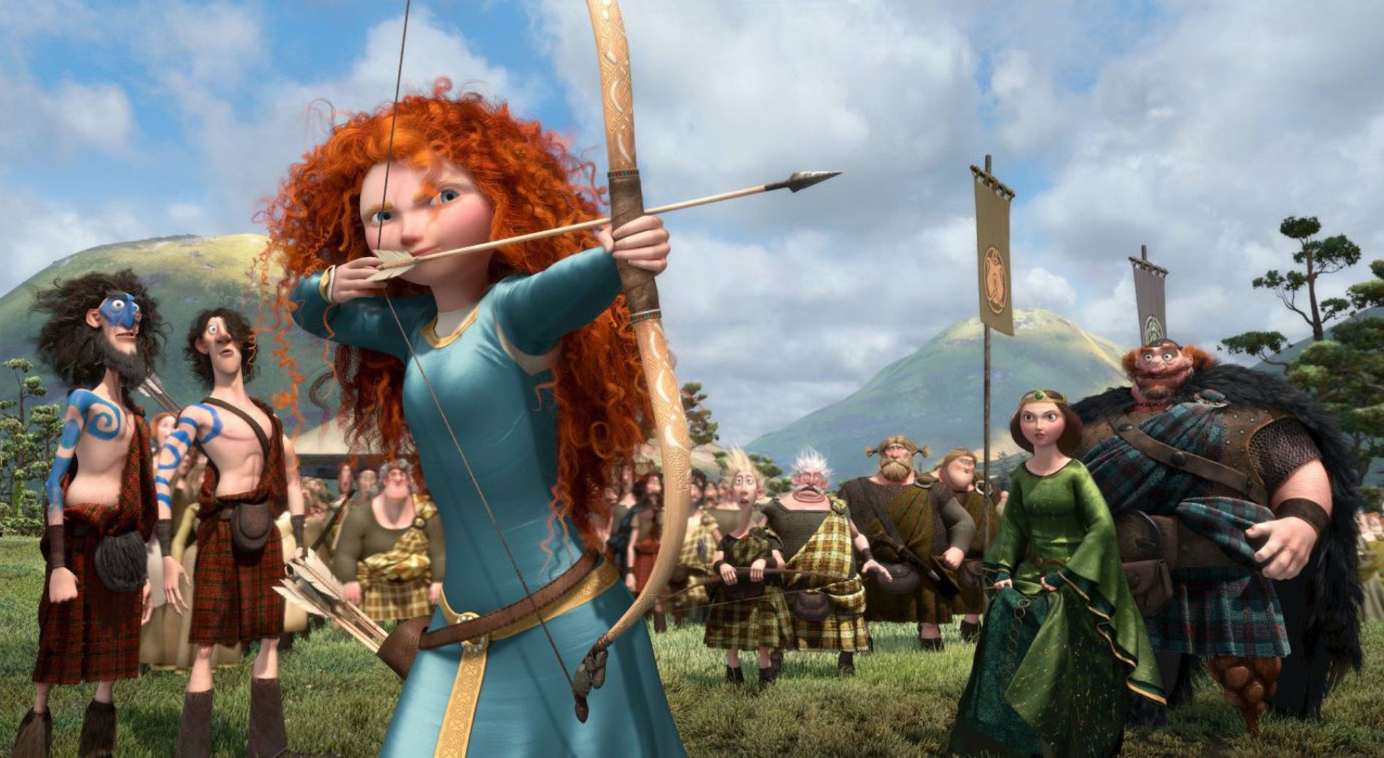 Animated still of a teen girl in medieval dress, wielding a bow and arrow as people watch in shock.