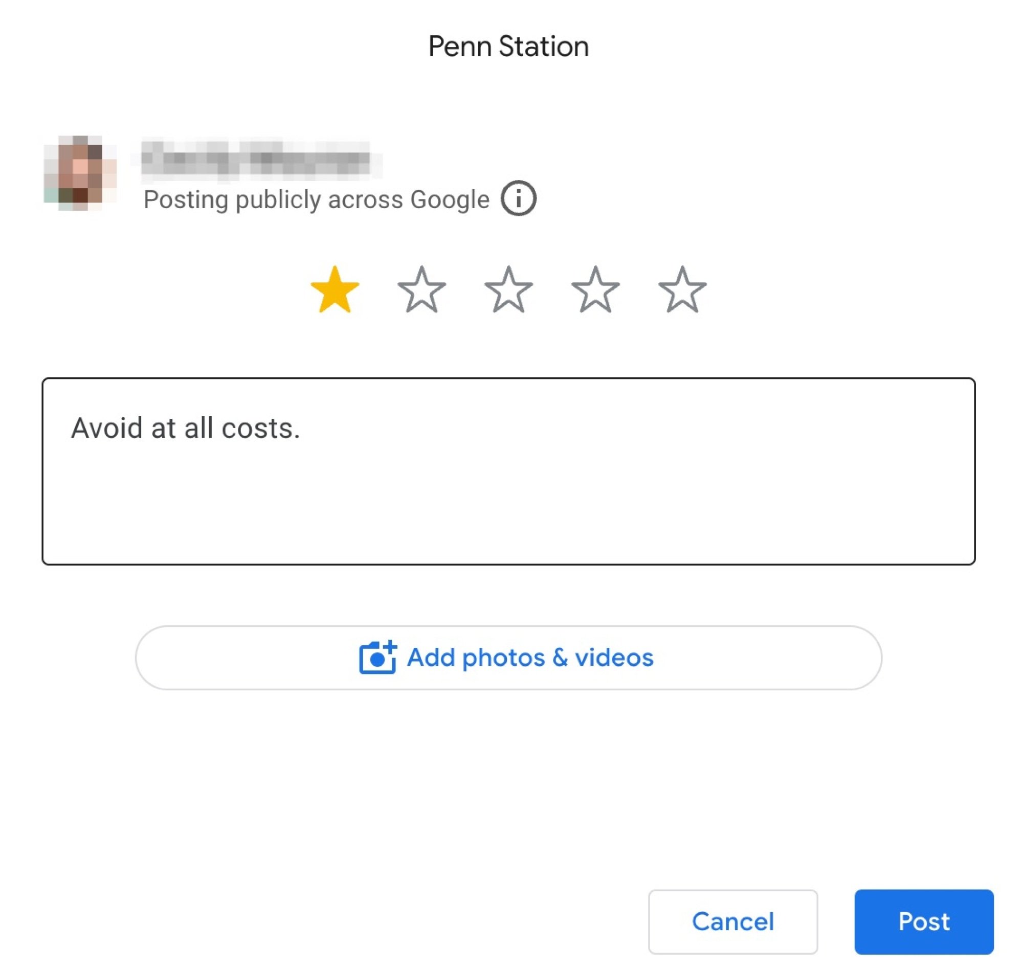 Google reviews text window of Penn Station