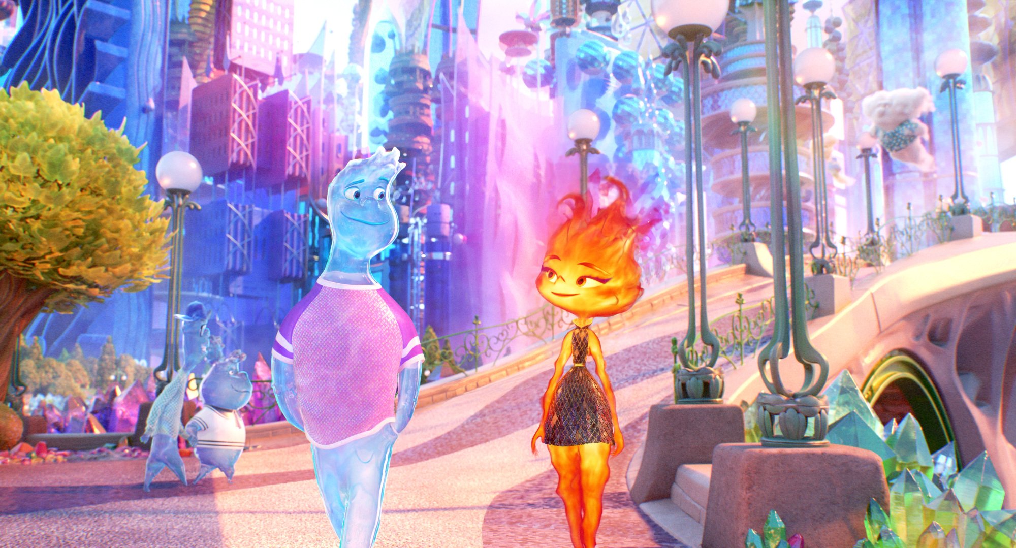 A man made of water and a woman made of fire walk through a colorful, brightly lit city. 