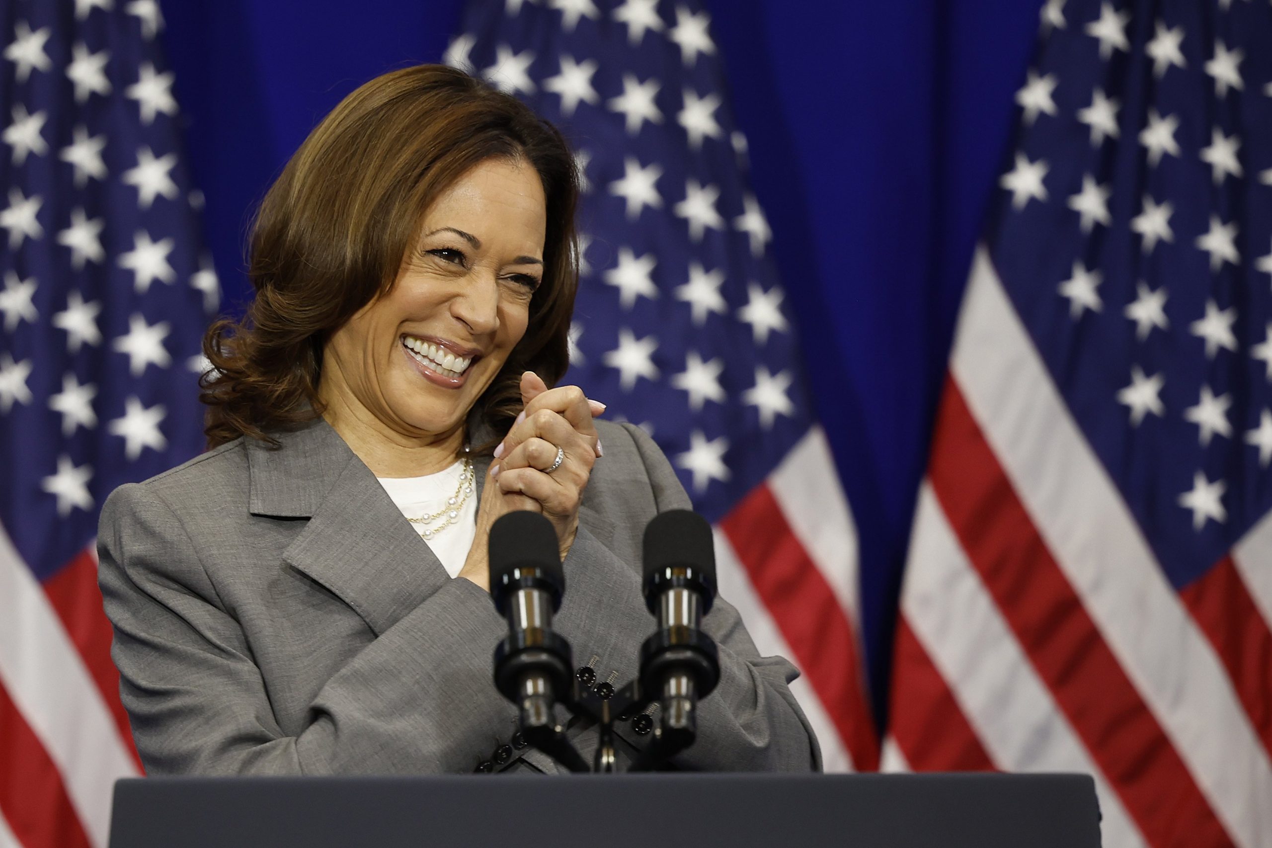 Vice President Kamala Harris delivers remarks on reproductive rights at Ritchie Coliseum on the campus of the University of Maryland on June 24, 2024 in College Park, Maryland. Harris is speaking on the two year anniversary of the Dobbs decision, the Supreme Court ruling that overturned Roe v. Wade and struck down federal abortion protections.