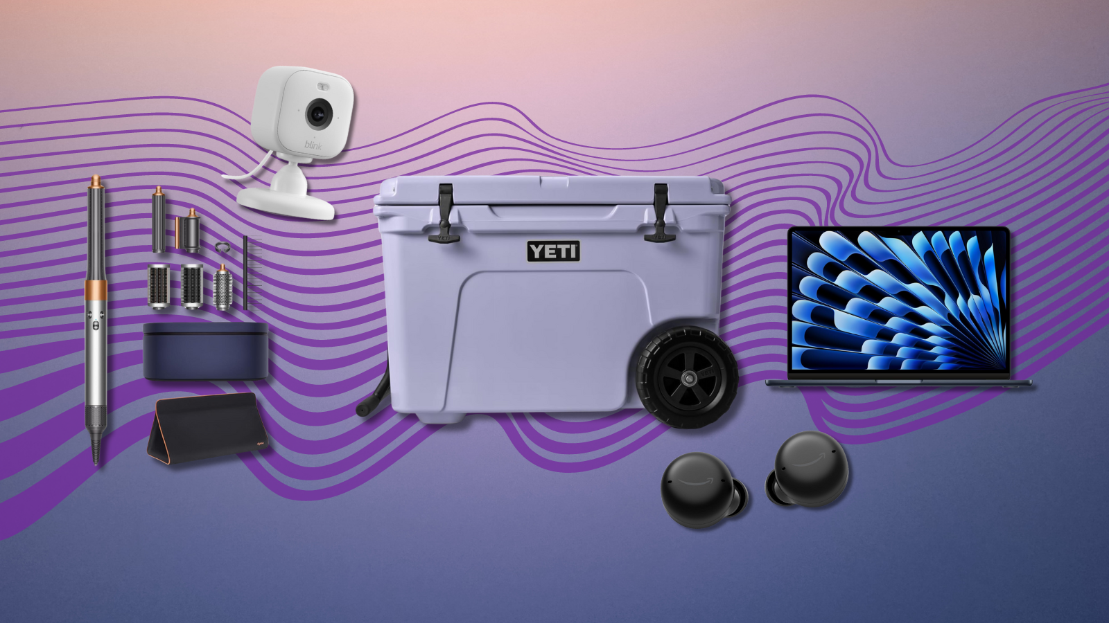 Dyson Airwrap with accessories, Blink Mini 2, Yeti cooler, MacBook Air, and Echo Buds with colorful gradient background