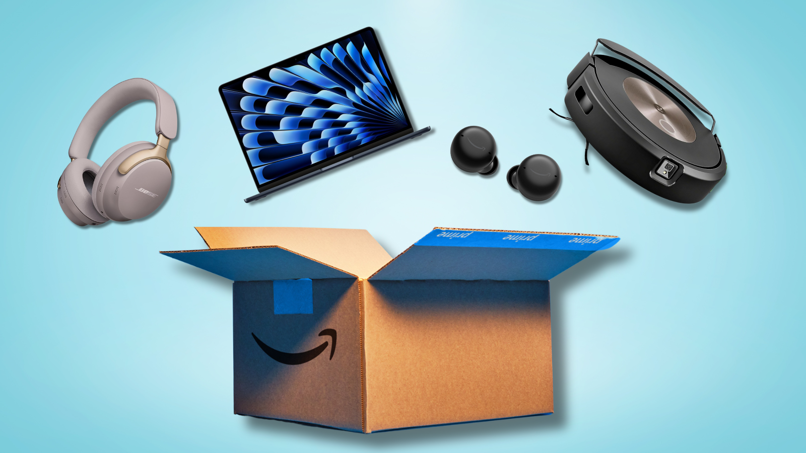 Amazon Prime box with Bose headphones, MacBook Air, Amazon Echo Buds, and Roomba hovering above it