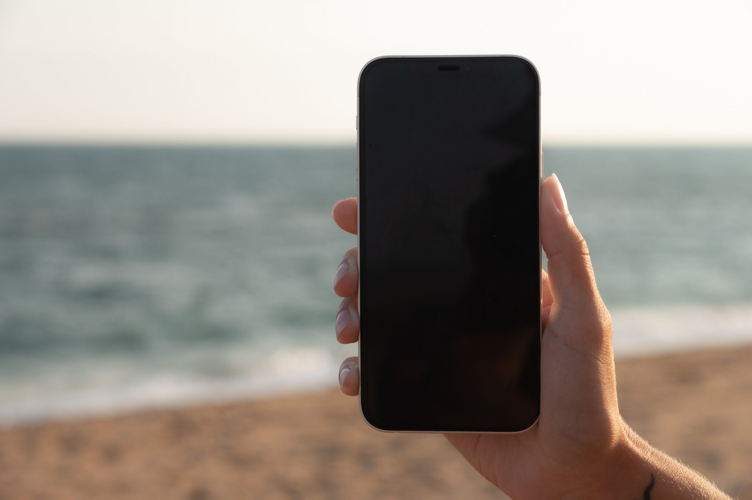 Man holding phone at beach