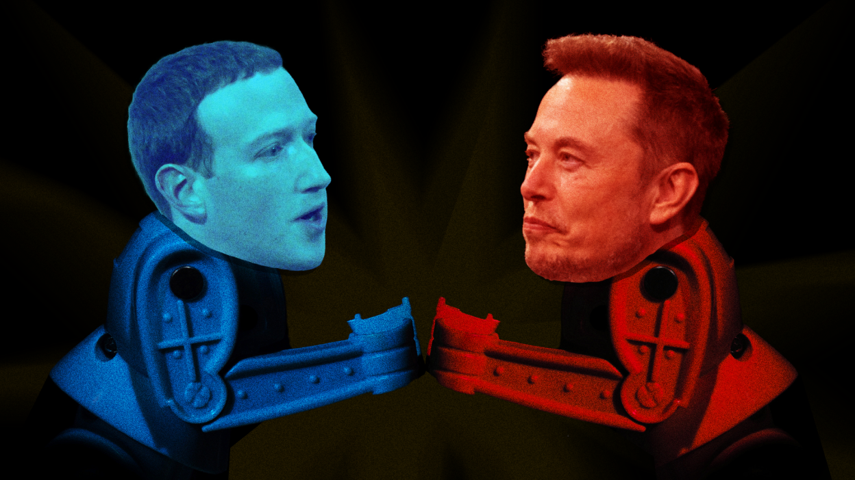 An illustration of two Rock 'Em Sock 'Em robots facing each other with Mark Zuckerberg and Elon Musk's heads superimposed onto their bodies.