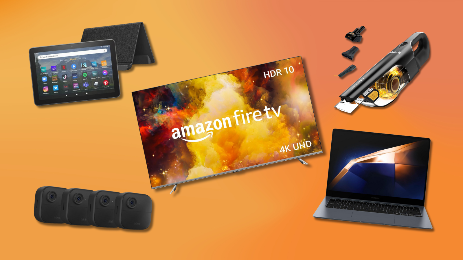 Amazon Fire tablet, Fire TV, Blink cameras, Shark handheld vacuum, and Samsung laptop with orange gradient background