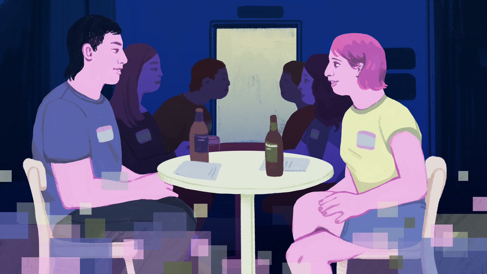 two people sitting across from each other at speed dating, pixels dissolving at the bottom of their bodies