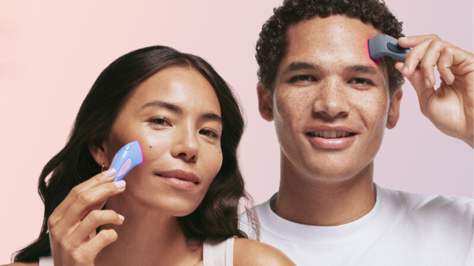 woman and man using solawave bye acne device