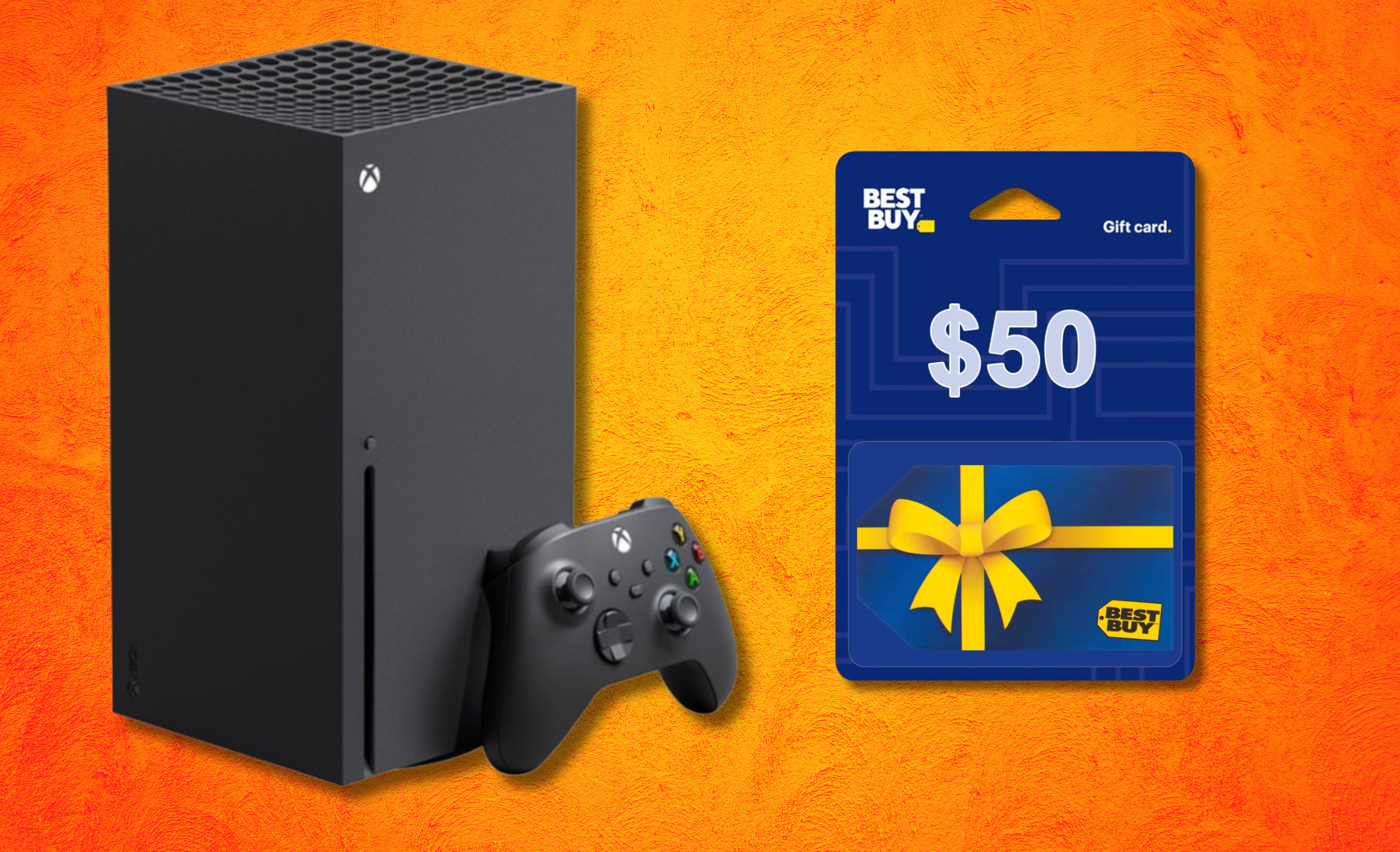 xbox console and a best buy gift card against an orange background 