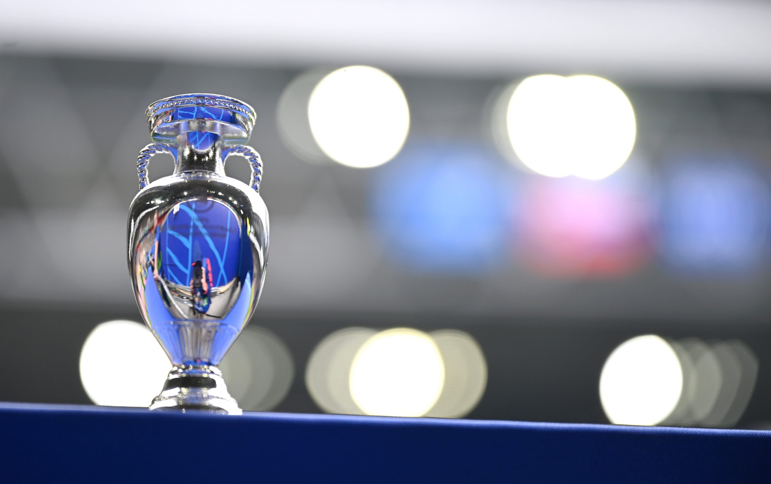 A detailed view of a replica UEFA EURO 2024 trophy