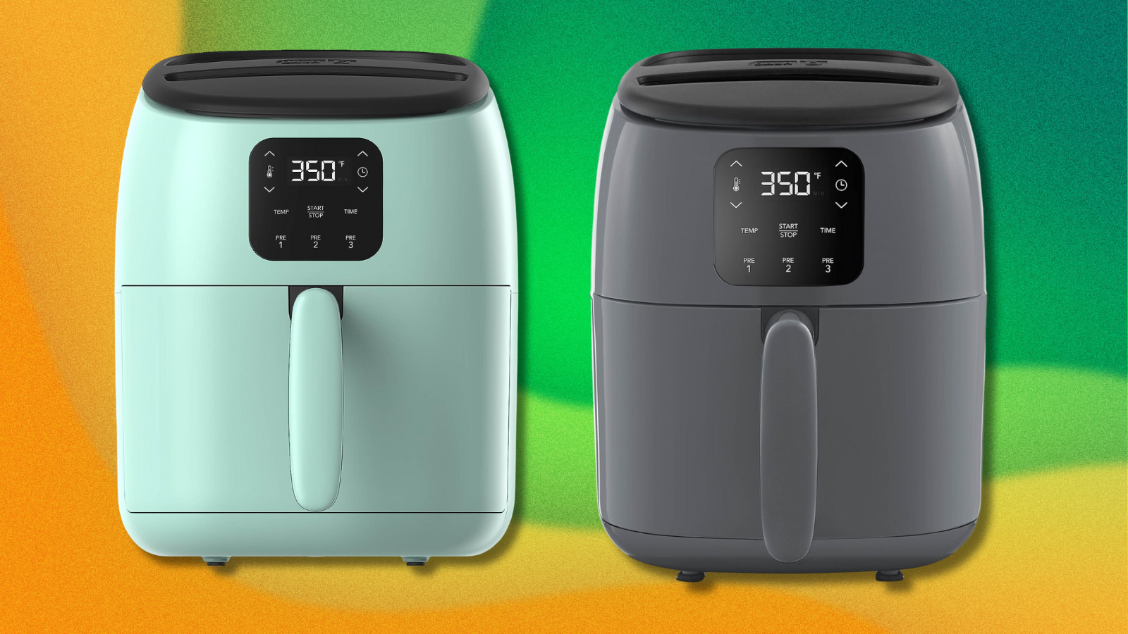 Two air fryers on green and yellow background