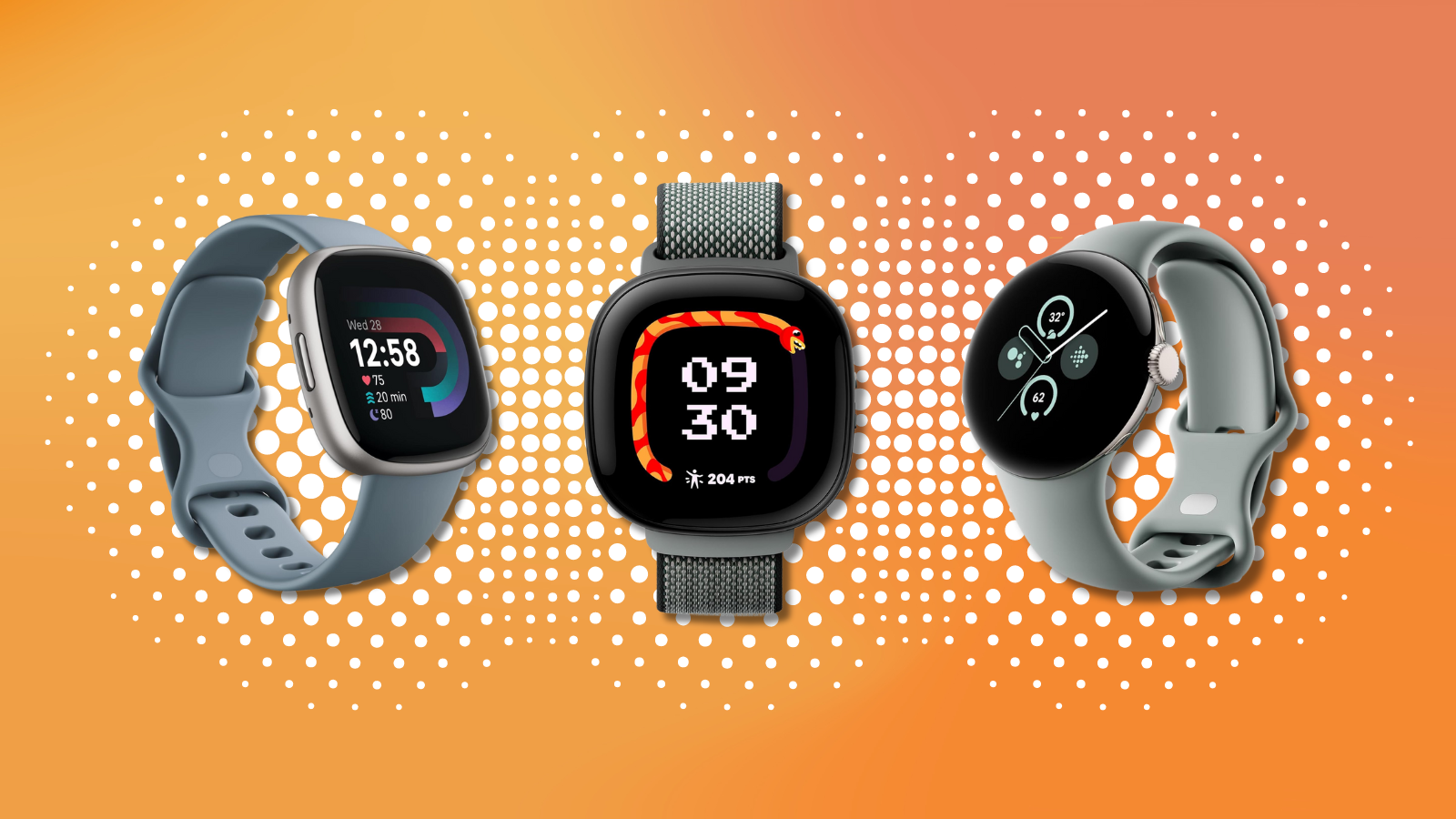 Fitbit Versa 4, Ace LTE, and Google Pixel watch 2 with orange background with white polka dots