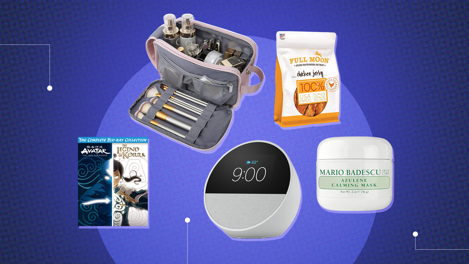 collage of a makeup bag, dog treats, a movie, an amazon alarm clock