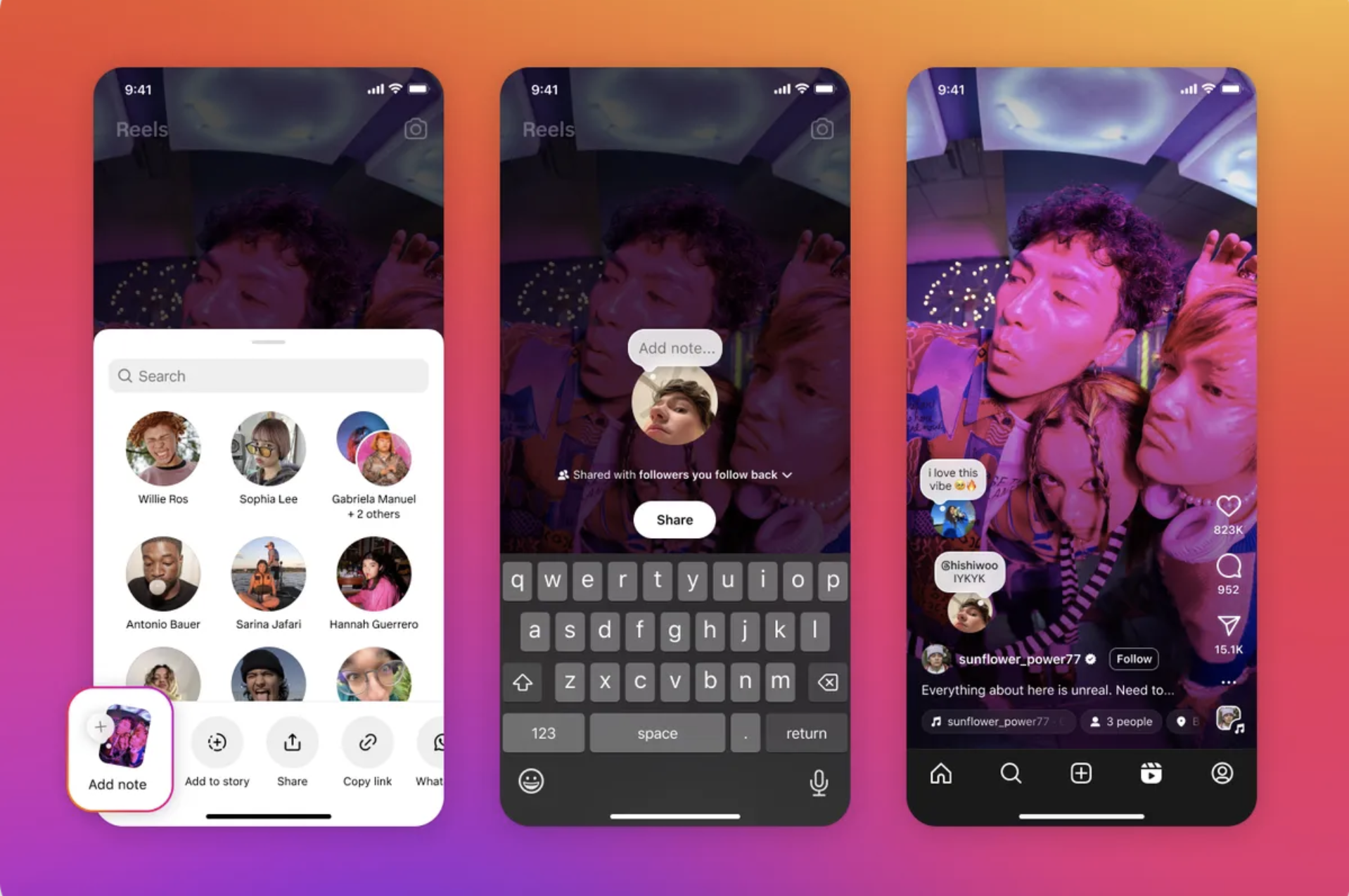 Three screenshots of the new Instagram notes feature appearing on a Reel video.
