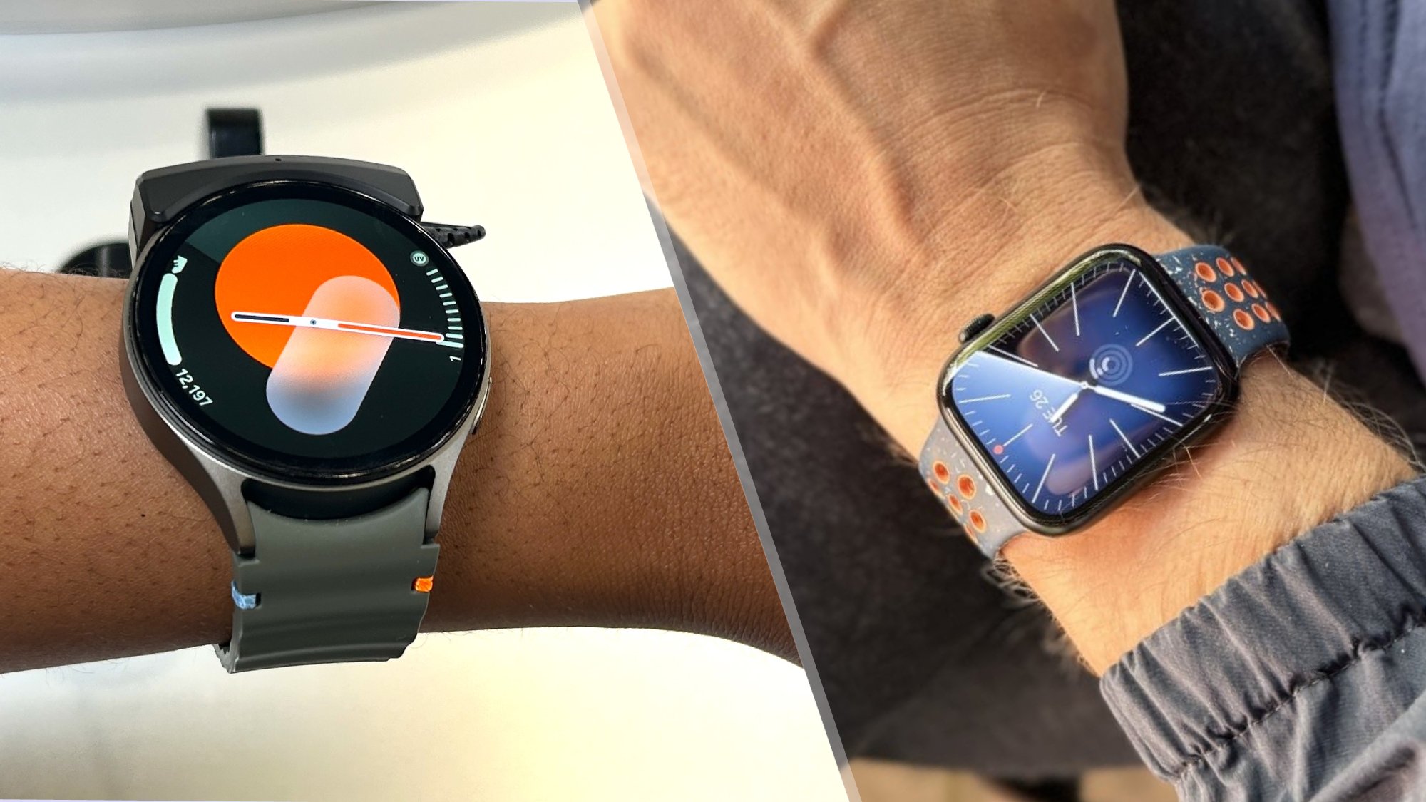 Samsung Galaxy Watch 7 vs. Apple Watch Series 9 split image