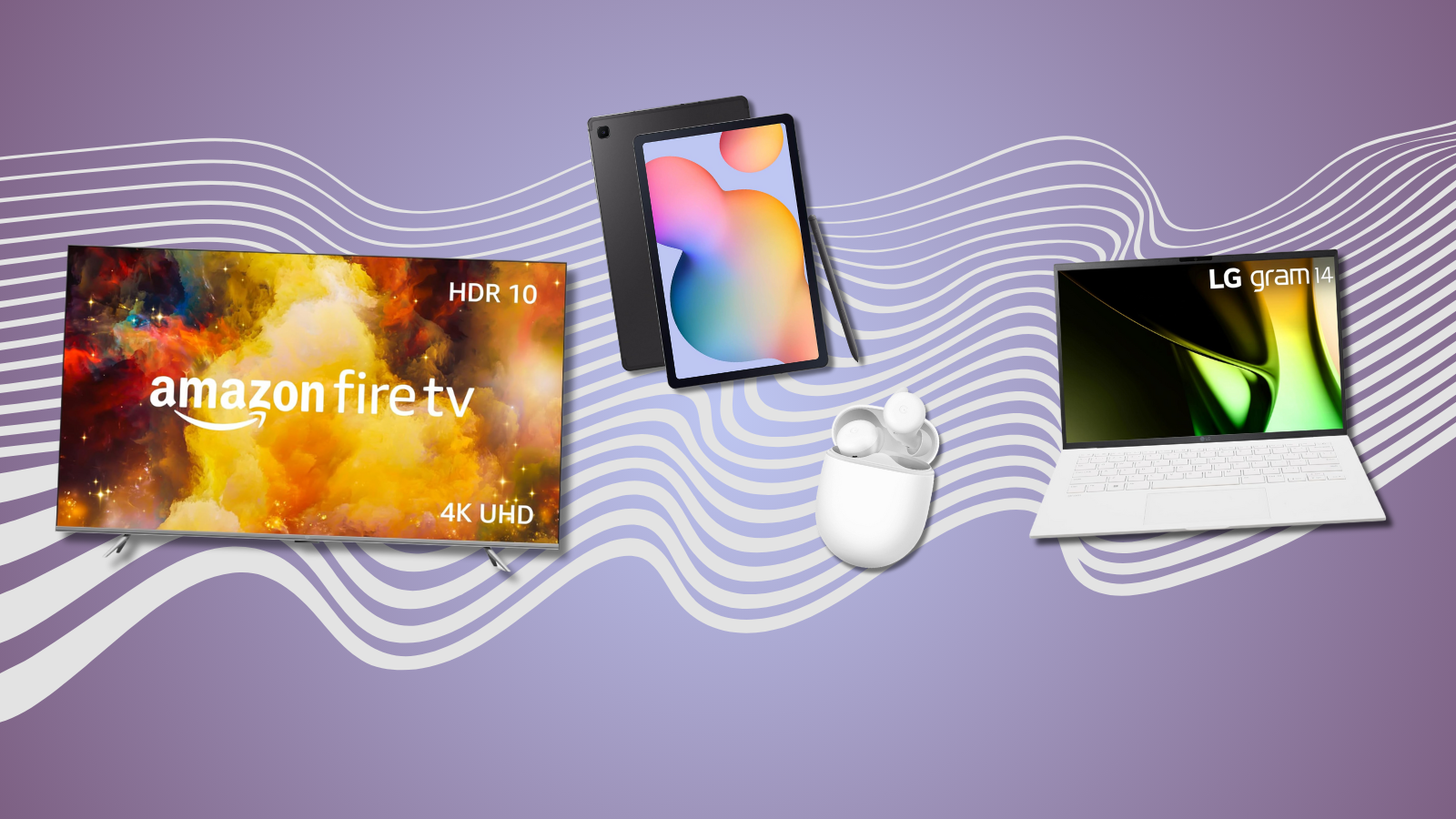 Fire TV, Samsung Galaxy Tab, Google Pixel Buds, and LG gram laptop with purple gradient background