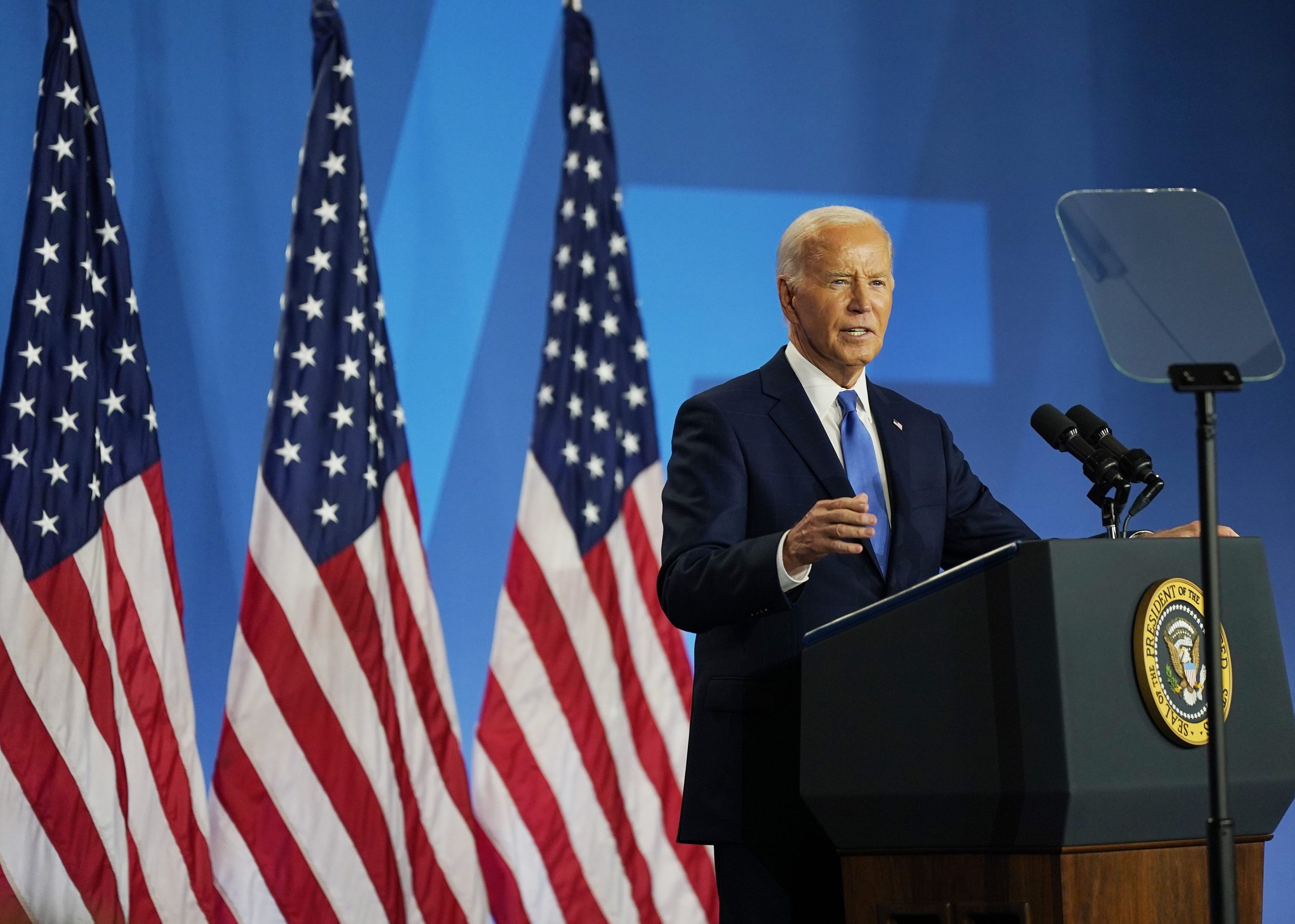 U.S. President Joe Biden holds news conference at the 2024 NATO Summit on July 11, 2024 in Washington, DC. NATO leaders convene in Washington this week for the annual summit to discuss future strategies and commitments and mark the 75th anniversary of the alliance’s founding.