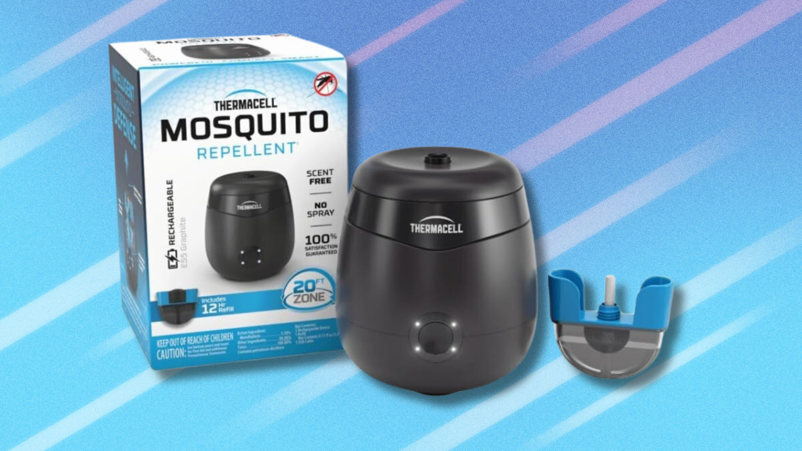 Thermacell Mosquito Rechargeable Repeller on blue and white background