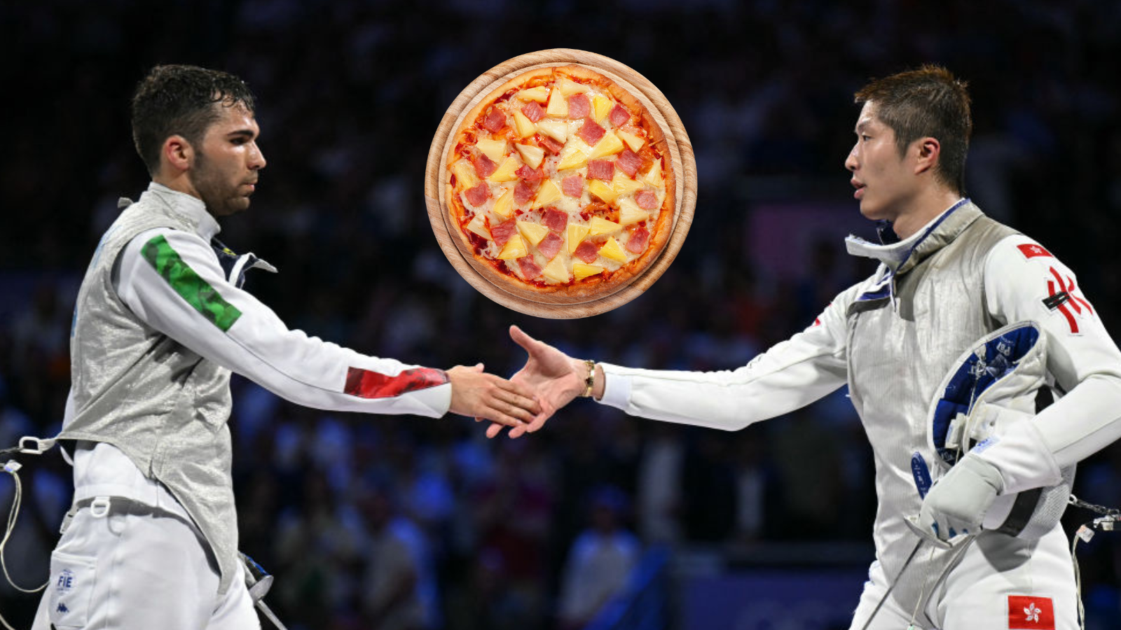 Silver medallist Italy's Filippo Macchi (L) shakes hands with Gold medallist Hong Kong's Cheung Ka Long at the end of the men's foil individual gold medal bout during the Paris 2024 Olympic Games at the Grand Palais in Paris, on July 29, 2024. A pizza with pinapple on it has been edited in above their handshake.