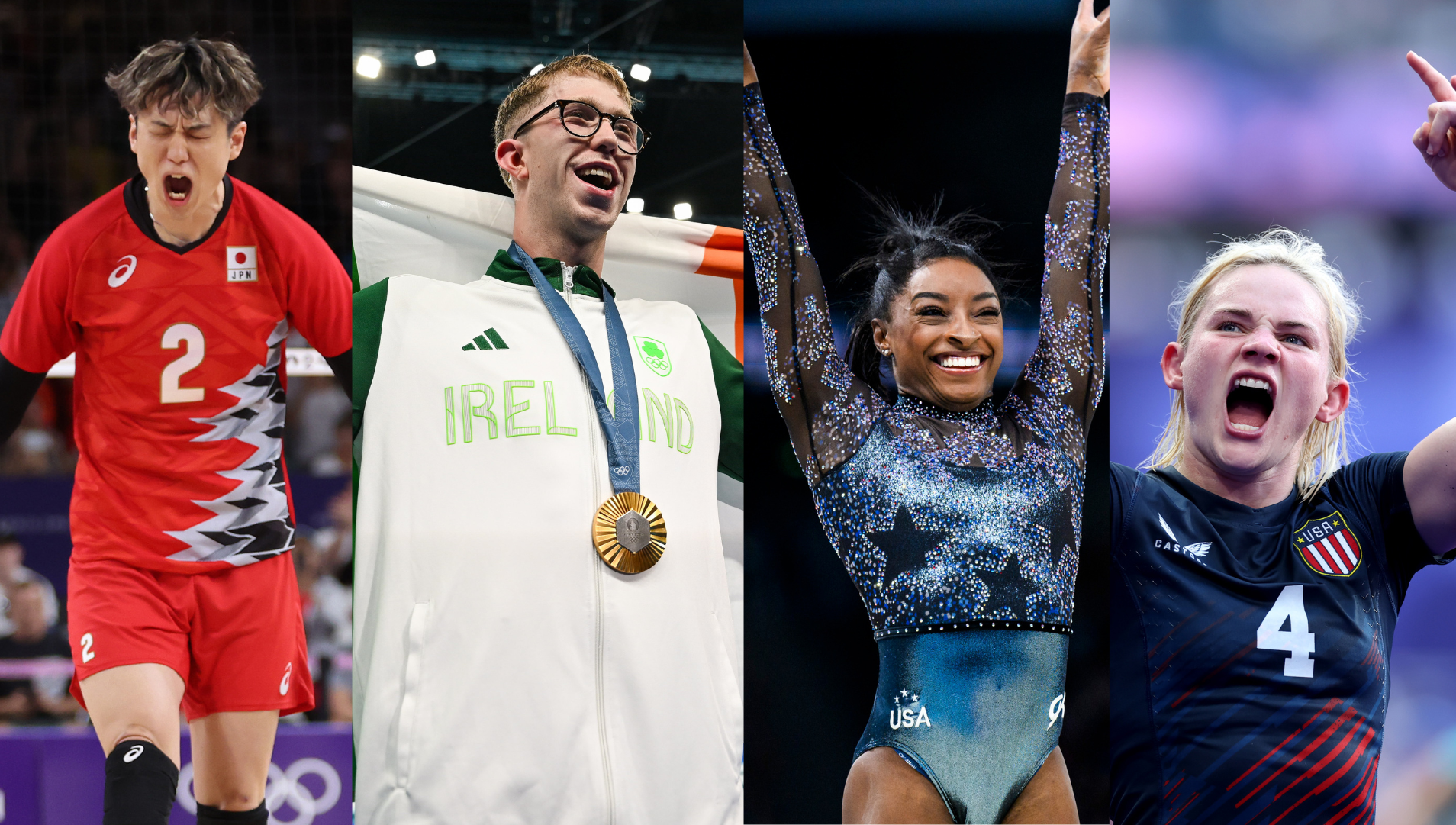 Four images of Olympic athletes (Taishi Onodera, Daniel Wiffen, Simone Biles, and Sammy Sullivan) celebrating wins. 