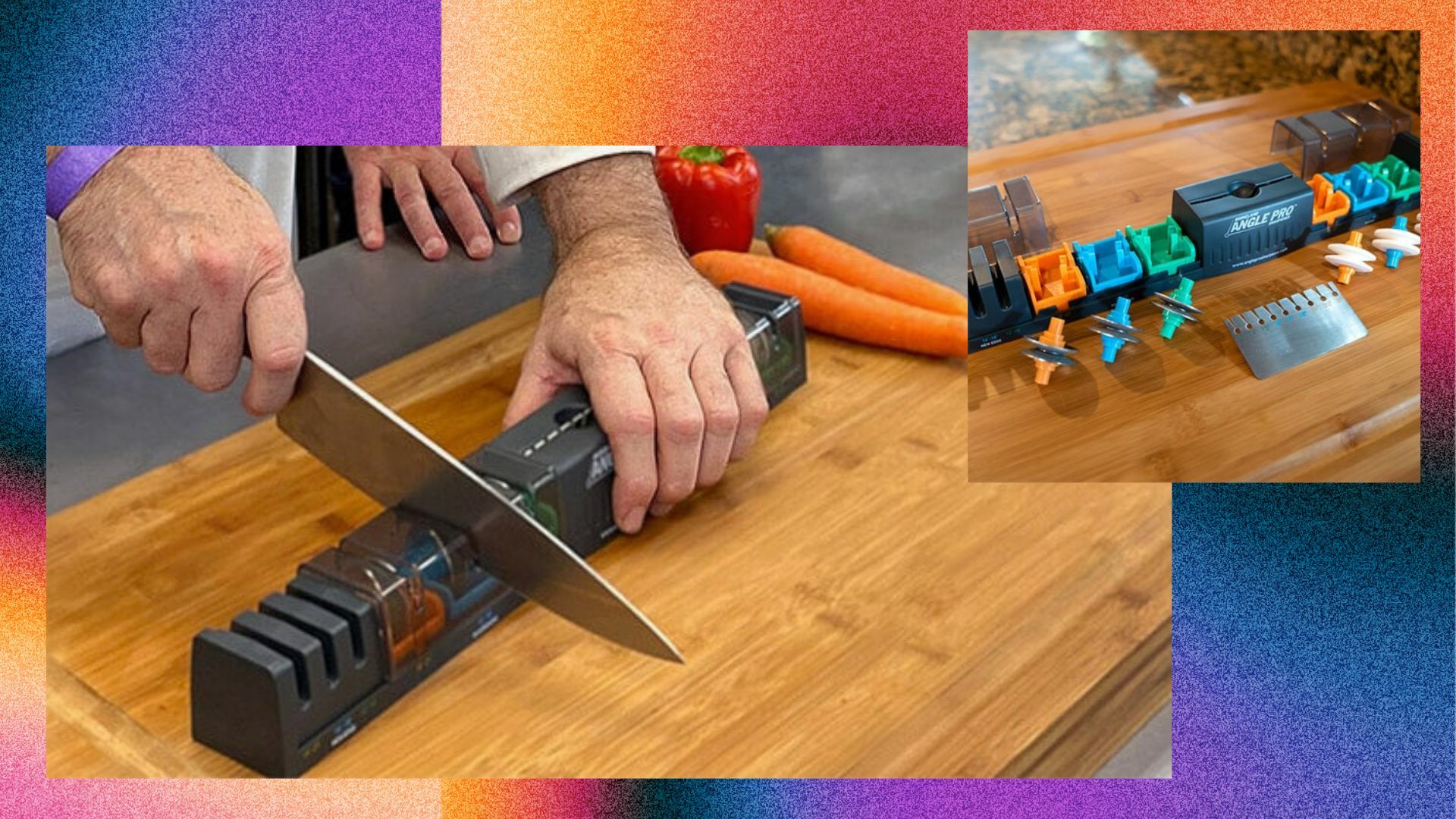 collage showing two images of angle pro knife sharpener