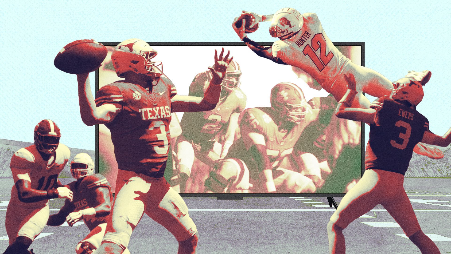 mashup of images of college football players and some on a screen