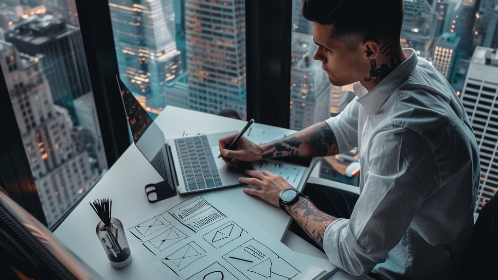 stock photo of young office worker making a logo with ai