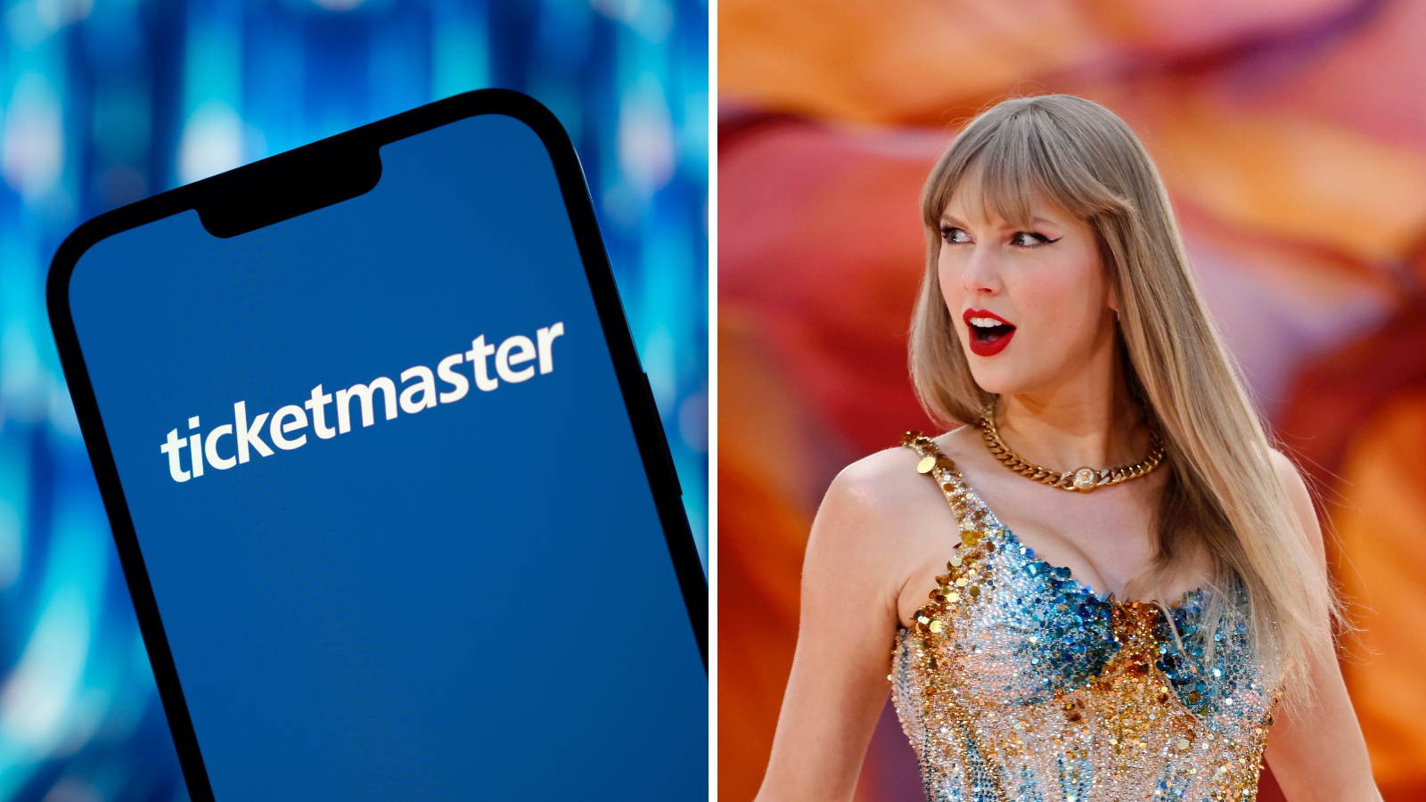 A composite of two images side by side. On the right is the Ticketmaster logo on a smartphone screen. On the left is Taylor Swift performing on stage during her Eras Tour at Wembley Stadium on June 21, 2024 in London, England.