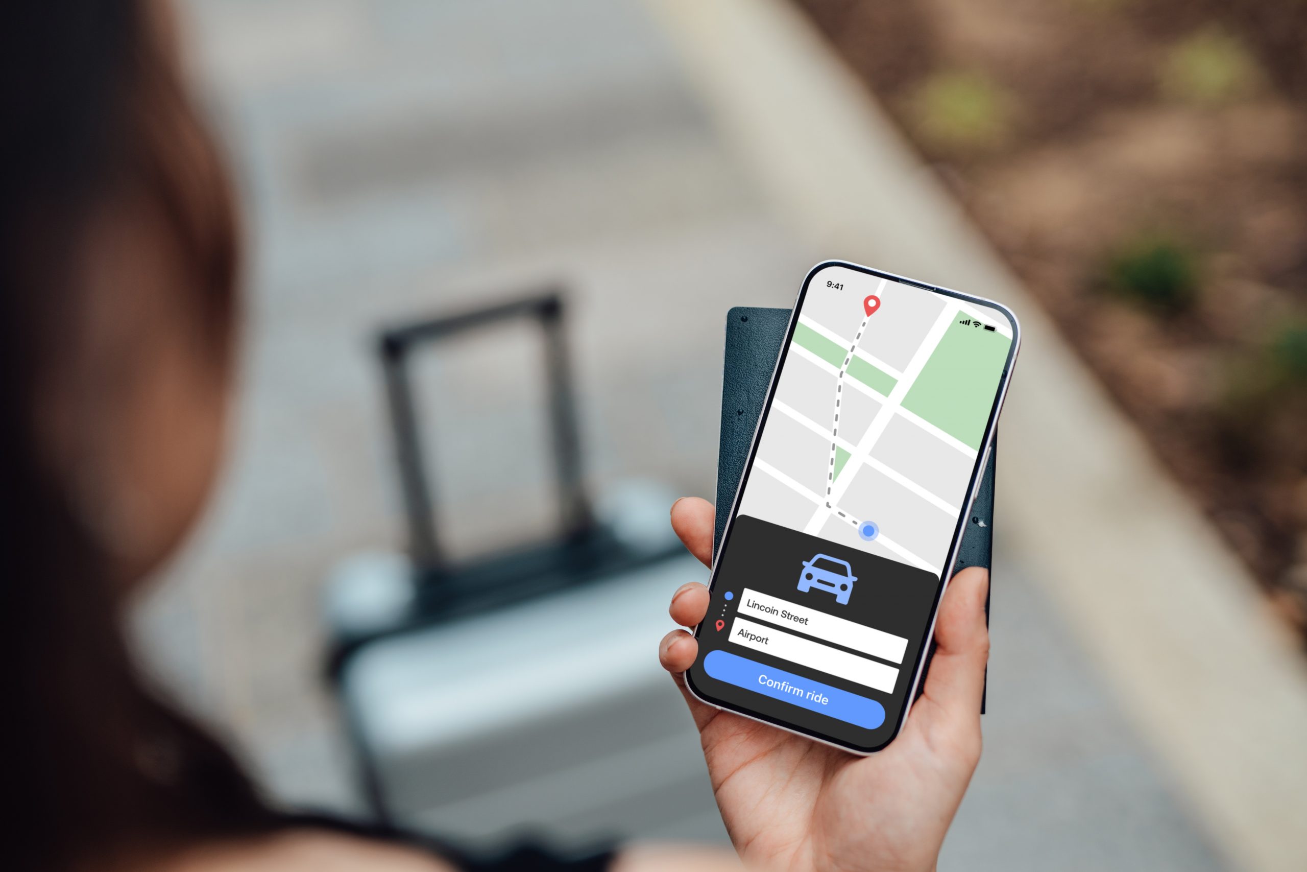 Young woman ordering taxi to the airport with smartphone. Business and leisure travel concept. Tourism and technology,