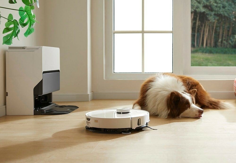 a roborock robot vacuum cleans the floor in front of a sleeping dog