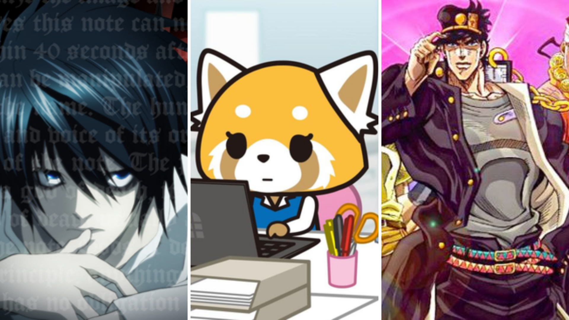 Three anime stills: a closeup of a pale young man, a red panda working at an office desk, and a very muscular man striking a pose